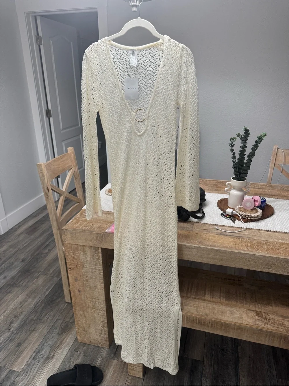 Forever 21 Cream Crochet V-Neck Coverup Dress with Ring Detail